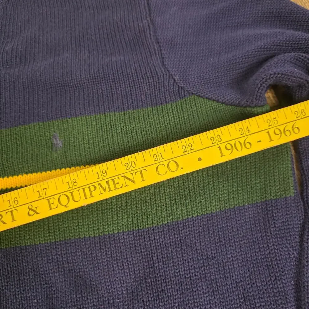 Polo Ralph Lauren Vintage Rugby Stripe V-Neck Sweater Navy Green Cotton XL